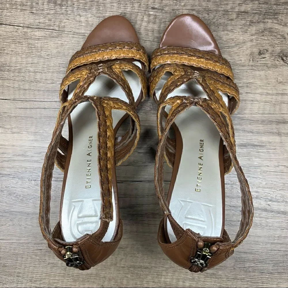 ETIENNE AIGNER E-Peanut Wedge Zip Up Strappy Sandals Shoes Brown Women's 7.5M‎